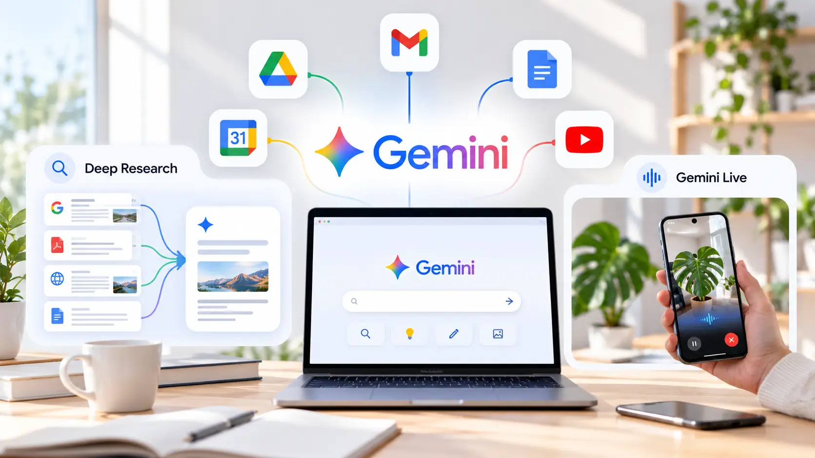 Google Gemini متصل به Gmail، Drive، Docs، Calendar، Deep Research و Gemini Live