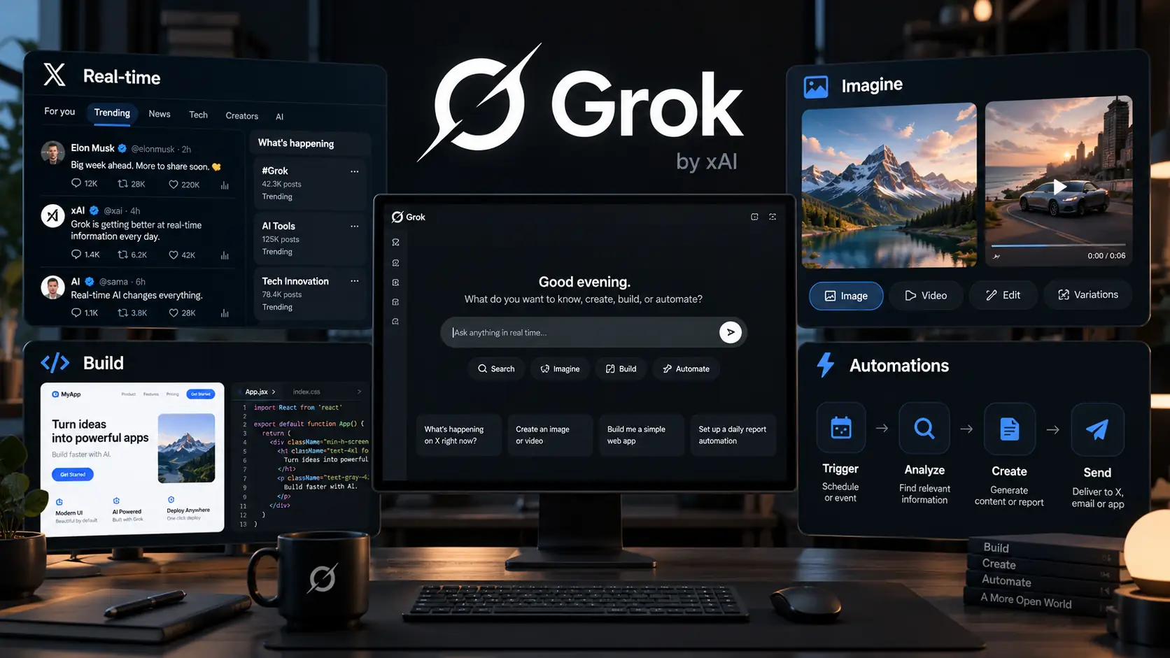 قابلیت‌های Grok برای اطلاعات لحظه‌ای، Imagine، Build و Automations