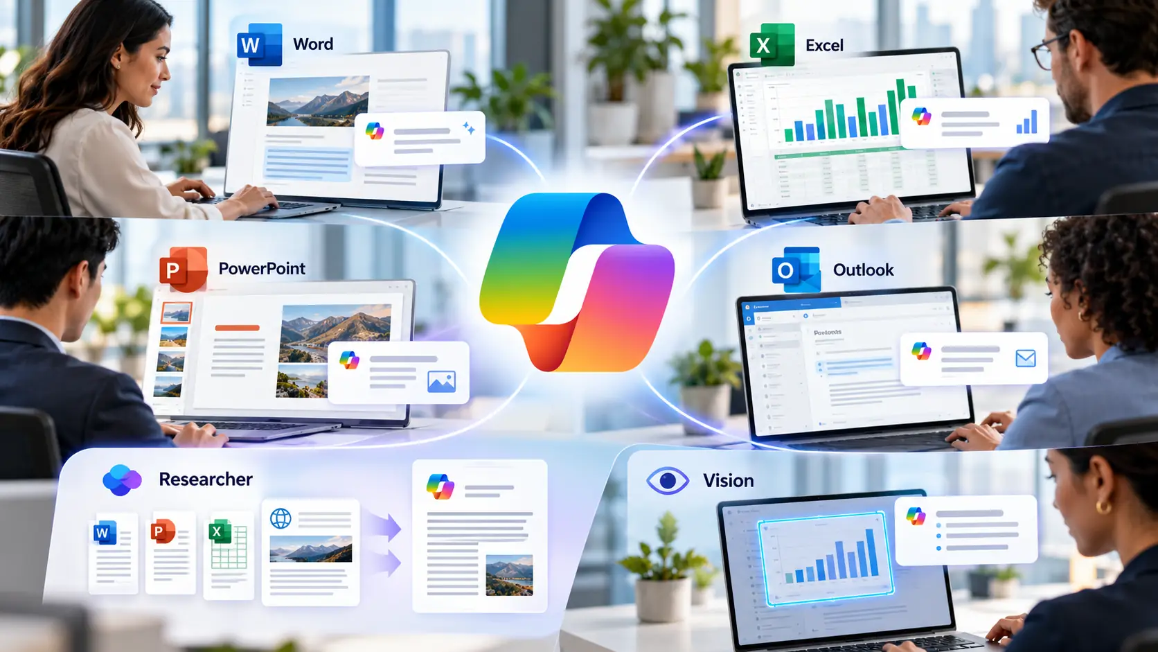 Microsoft Copilot برای Word، Excel، PowerPoint، Outlook، Researcher و Vision