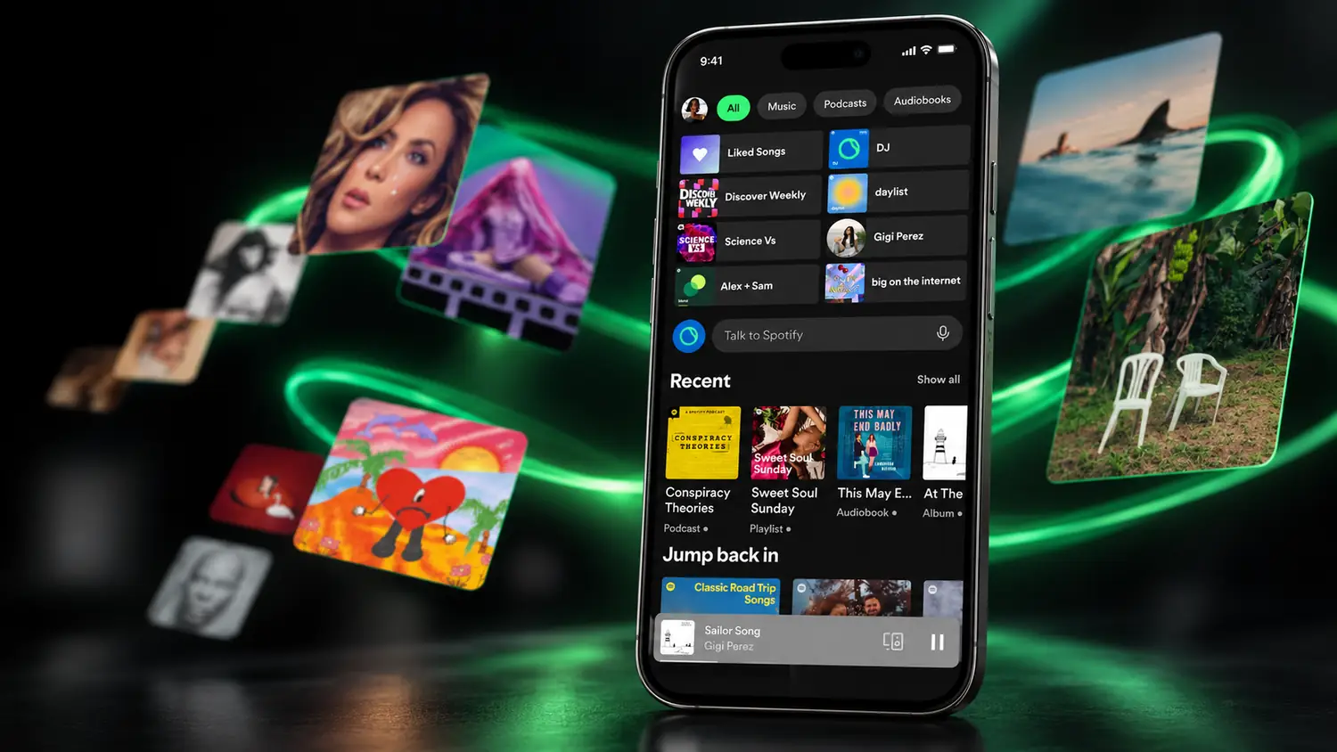 نحوه دسترسی به کادر Talk to Spotify از صفحه اصلی اپلیکیشن اسپاتیفای در آیفون و اندروید