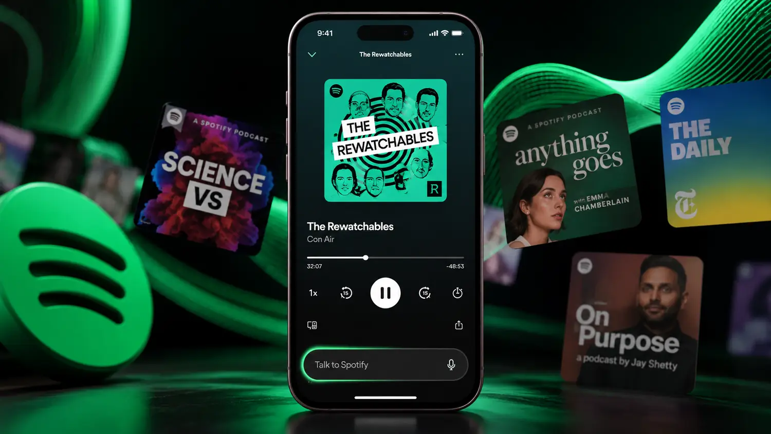 نمایش پادکست The Rewatchables و کادر گفتگوی Talk to Spotify برای جست‌وجوی پادکست و کتاب صوتی